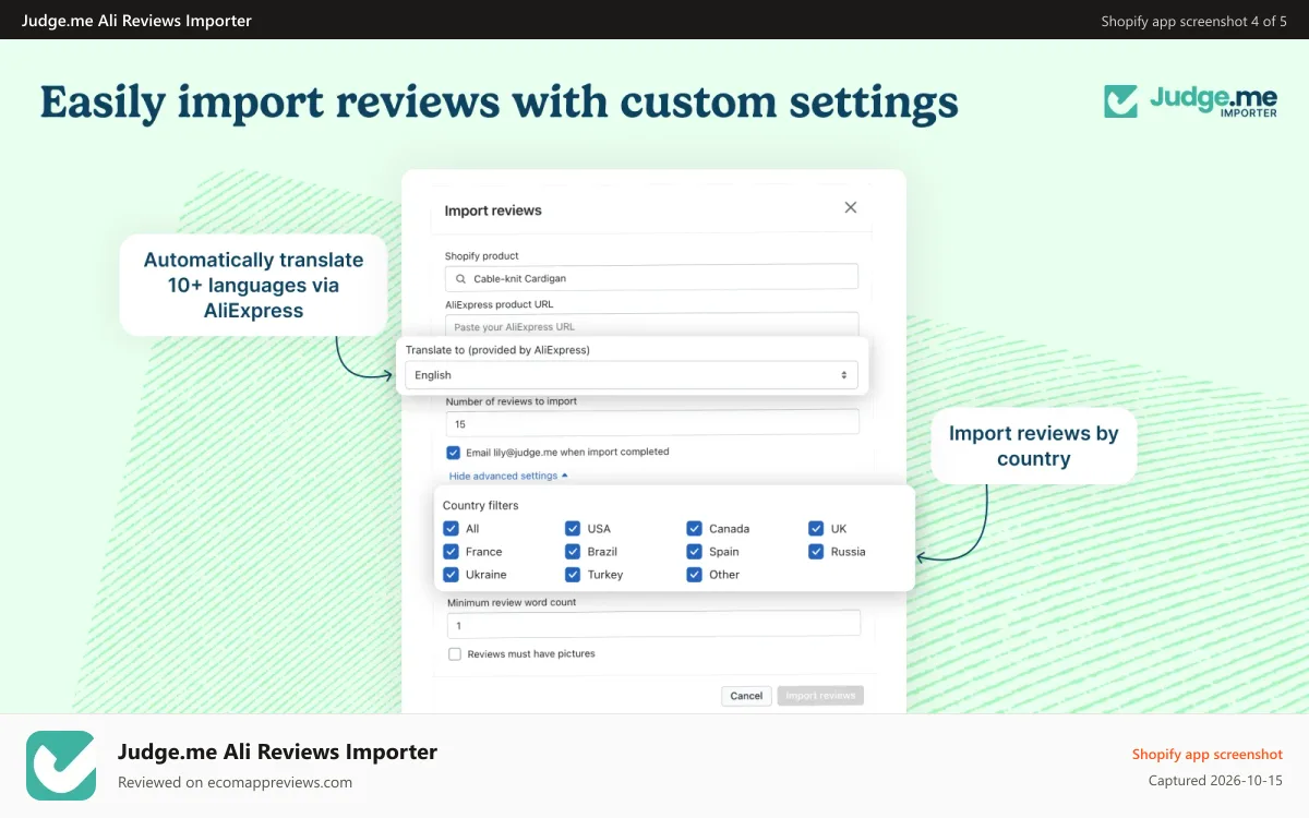 Judge.me Ali Reviews Importer Shopify app screenshot: Custom settings to import the set of reviews you want