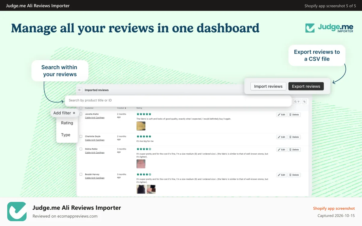 Judge.me Ali Reviews Importer Shopify app screenshot: Manage all reviews in one dashboard