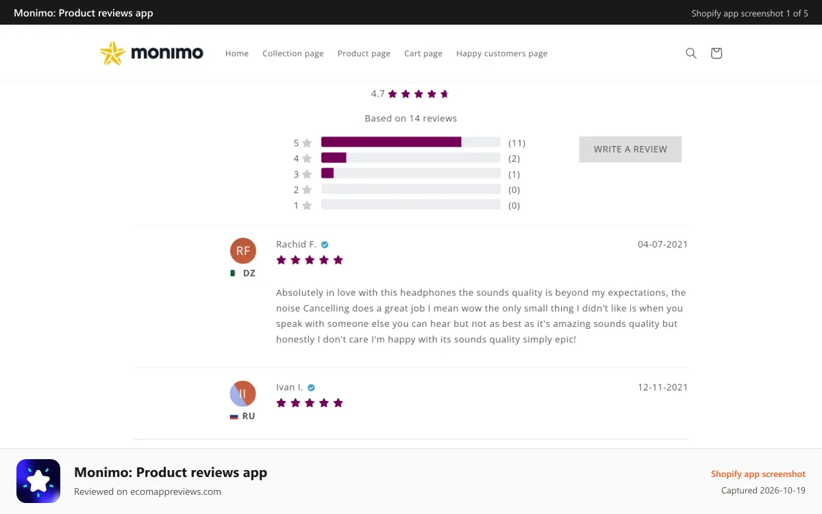 Monimo: Product reviews app Shopify app screenshot: monimo reviews