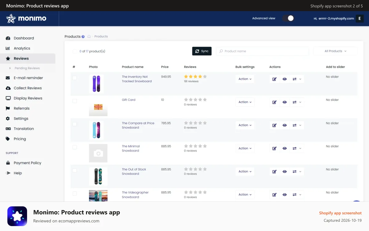 Monimo: Product reviews app Shopify app screenshot: reviews, ratings, comment