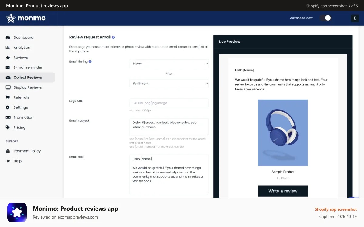 Monimo: Product reviews app Shopify app screenshot: collect reviews