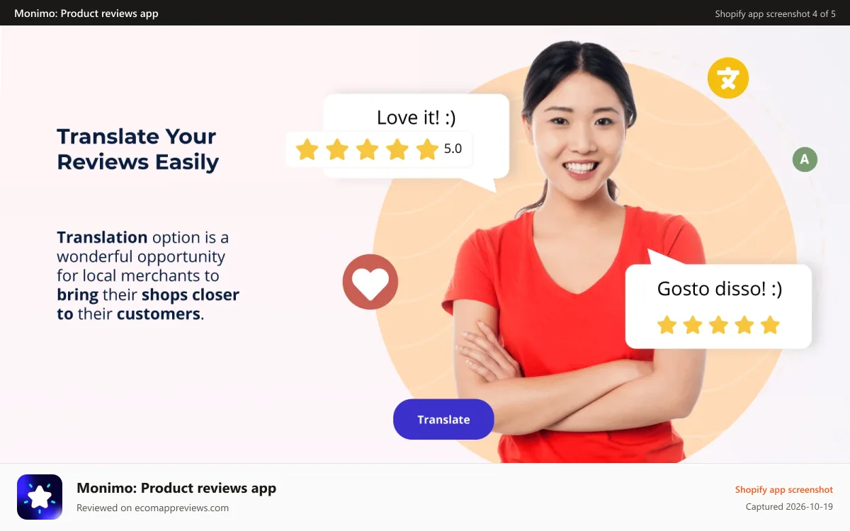 Monimo: Product reviews app Shopify app screenshot: Translate reviews, Shopify, reviews in different languages