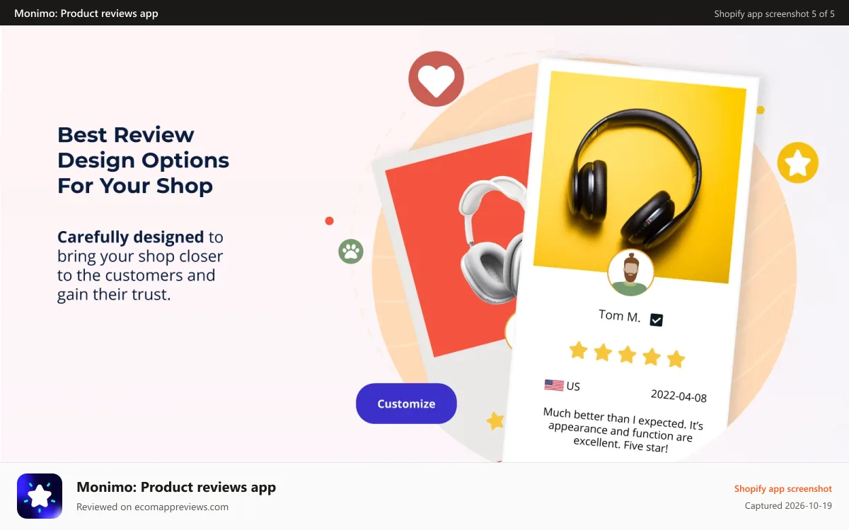 Monimo: Product reviews app Shopify app screenshot: Review design, customization reviews, change review color