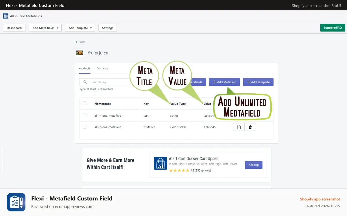 Flexi ‑ Metafield Custom Field Shopify app screenshot: Metafield, Metafields