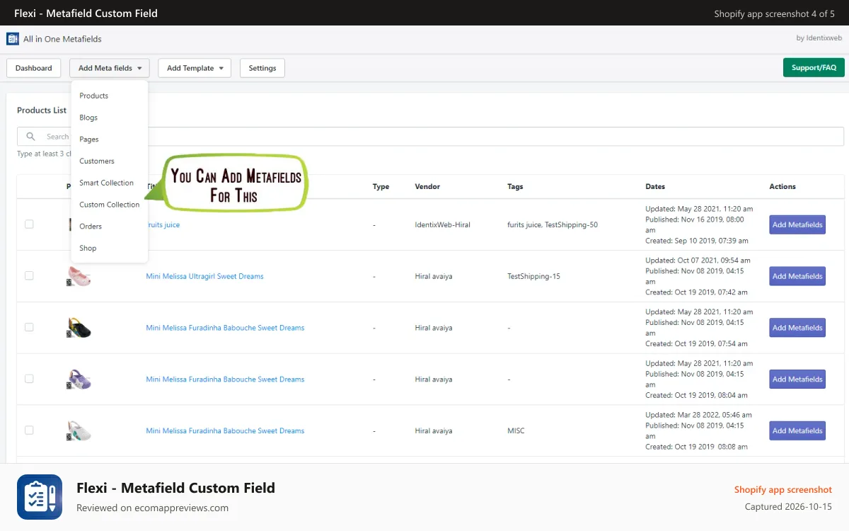 Flexi ‑ Metafield Custom Field Shopify app screenshot: add metafield, products, pages, blogs, collections, Orders field
