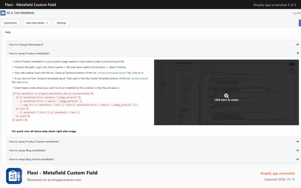 Flexi ‑ Metafield Custom Field Shopify app screenshot: additional option, set up metafield, add meta fields