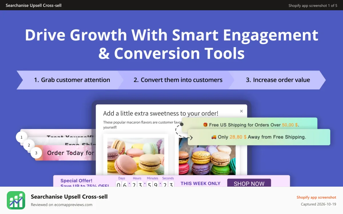 Searchanise Upsell Cross‑sell Shopify app screenshot: Drive grows with smart engagement & Conversion Tools