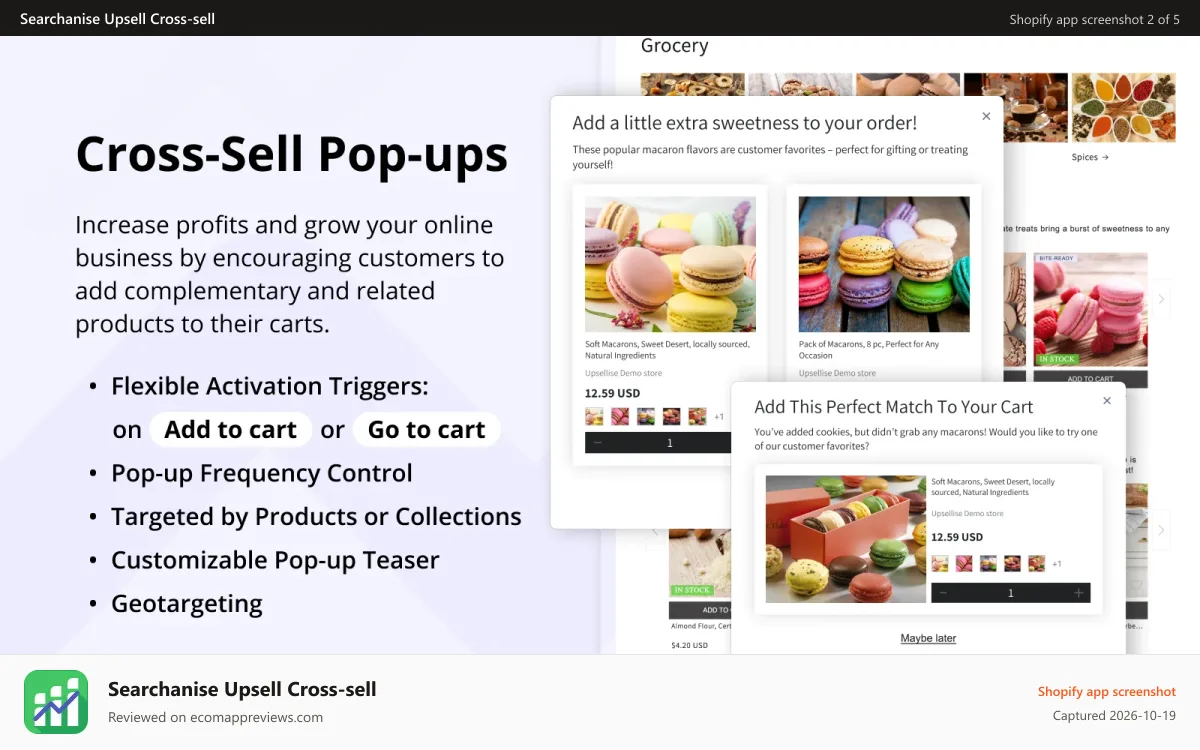 Searchanise Upsell Cross‑sell Shopify app screenshot: Increase profits & grow business with upsell cross-sell pop-ups