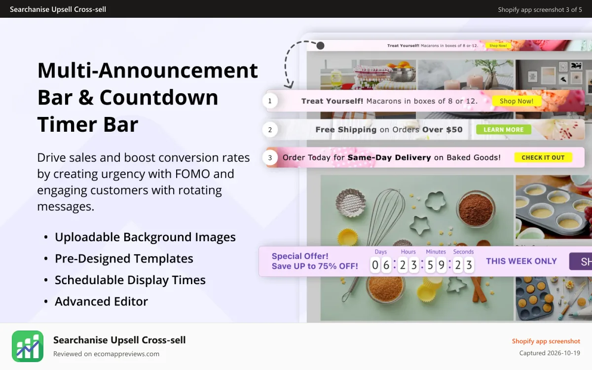 Searchanise Upsell Cross‑sell Shopify app screenshot: Increase sales with the Multi-Announcement Bar & Countdown Timer