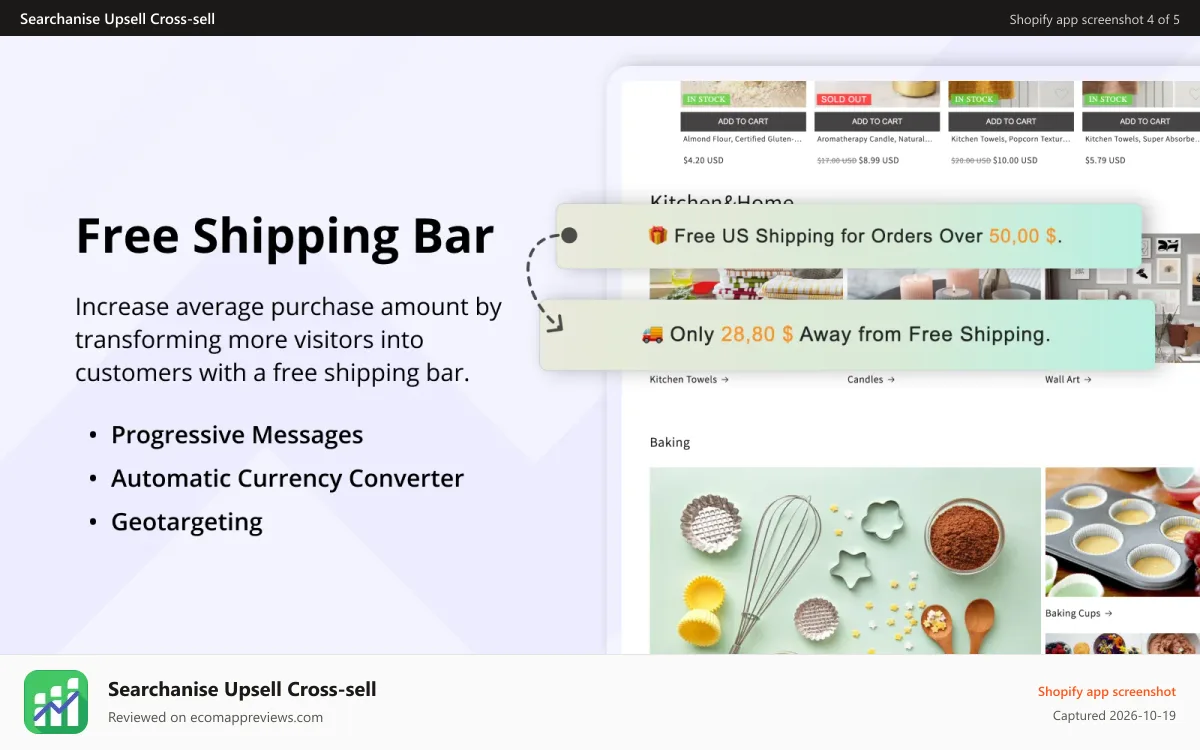 Searchanise Upsell Cross‑sell Shopify app screenshot: Improve conversion rates with a free shipping bar