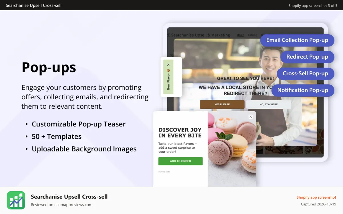 Searchanise Upsell Cross‑sell Shopify app screenshot: Redirect Pop-ups, Discount Pop-ups, Notification Pop-ups