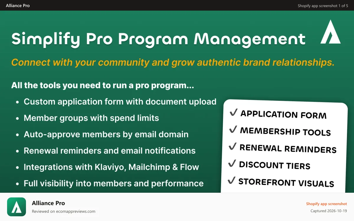 Alliance Pro Shopify app screenshot: Your all in one pro purchase program manager for shopify
