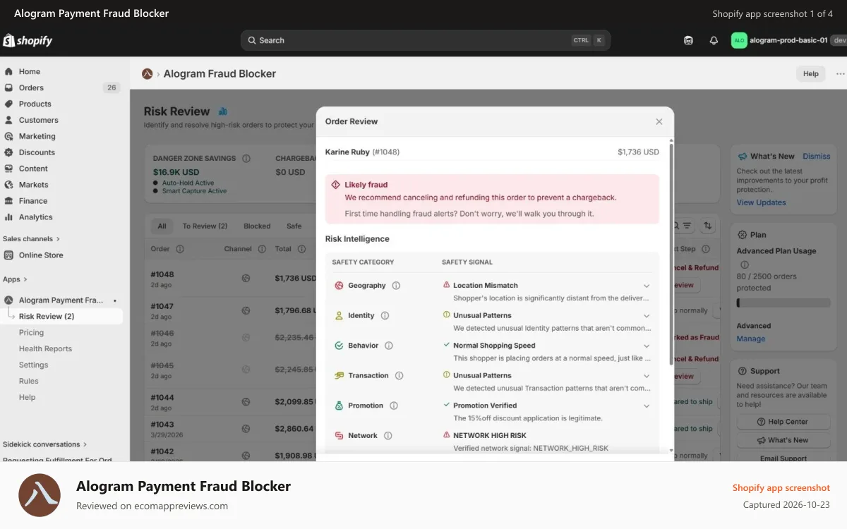 Alogram Payment Fraud Blocker Shopify app screenshot: Real-time order risk scores and auto-hold status dashboard.