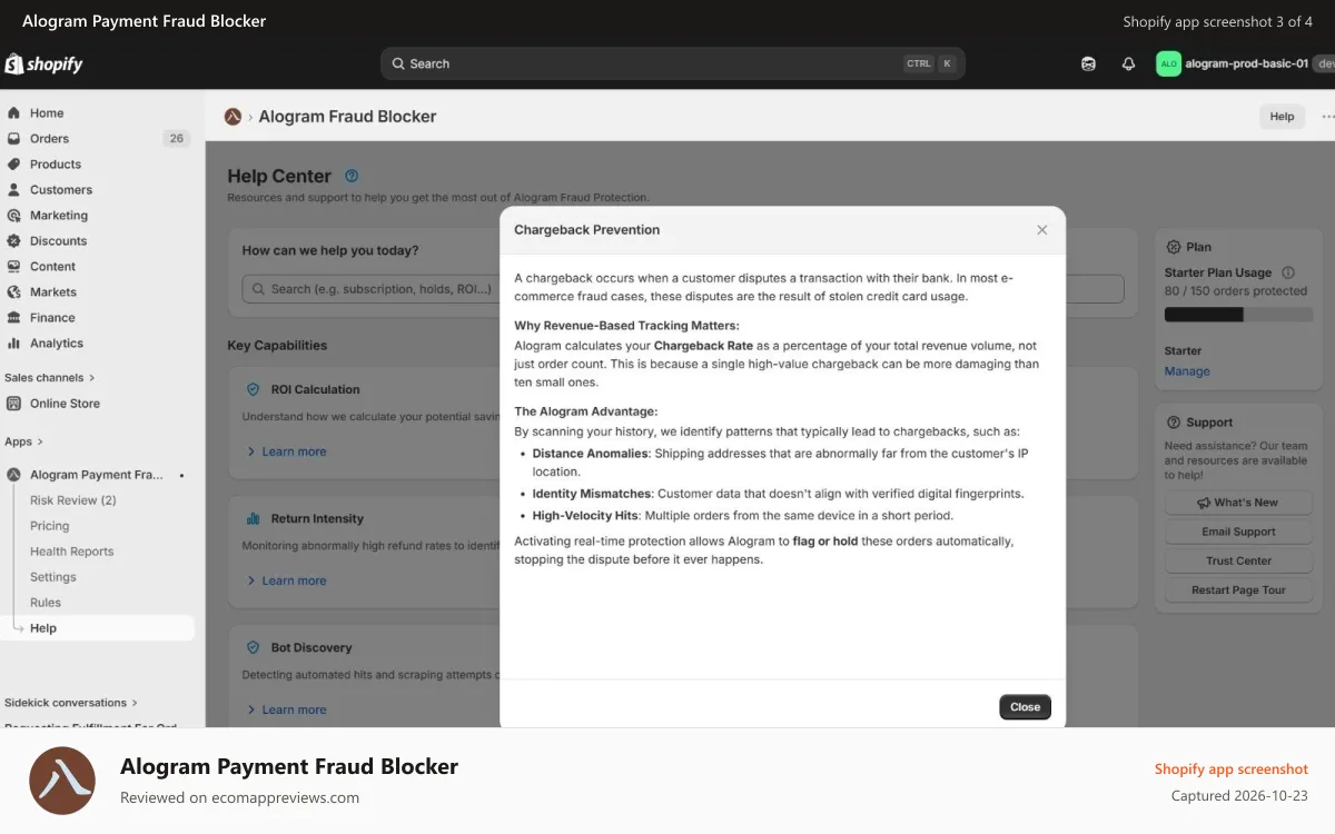 Alogram Payment Fraud Blocker Shopify app screenshot: Chrageback explanation from Help Center
