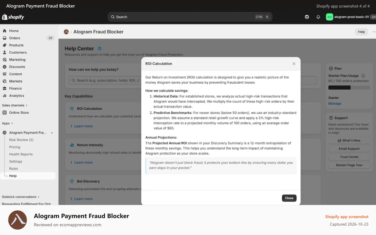 Alogram Payment Fraud Blocker Shopify app screenshot: ROI calculation from Help Center