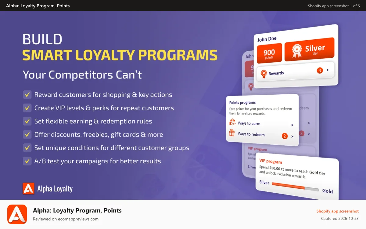 Alpha: Loyalty Program, Points Shopify app screenshot: Build smart loyalty programs