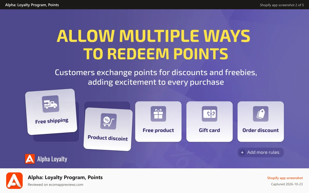 Alpha: Loyalty Program, Points Shopify app screenshot: Multiple ways to redeem points