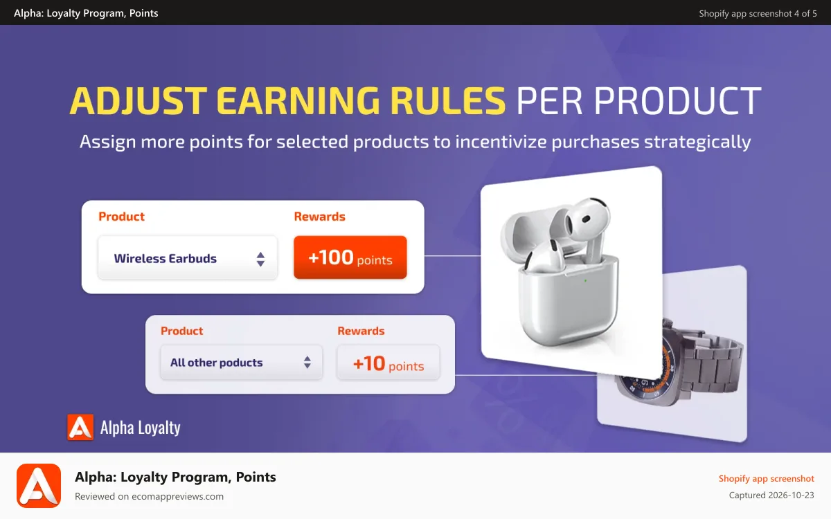 Alpha: Loyalty Program, Points Shopify app screenshot: Adjust earning rules per product