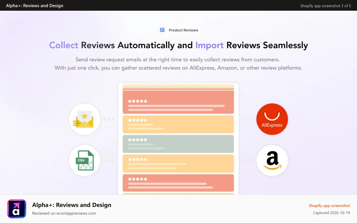 Alpha+: Reviews and Design Shopify app screenshot: Seamless & Unlimited Review Import