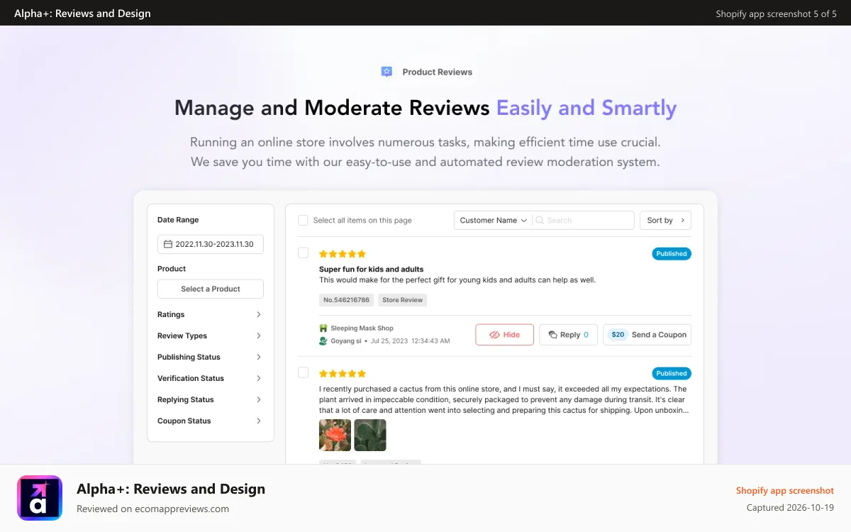 Alpha+: Reviews and Design Shopify app screenshot: Manage and Moderate Reviews Easily and Smartly