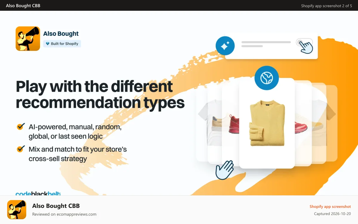 Also Bought CBB Shopify app screenshot: Play with the different recommendation types