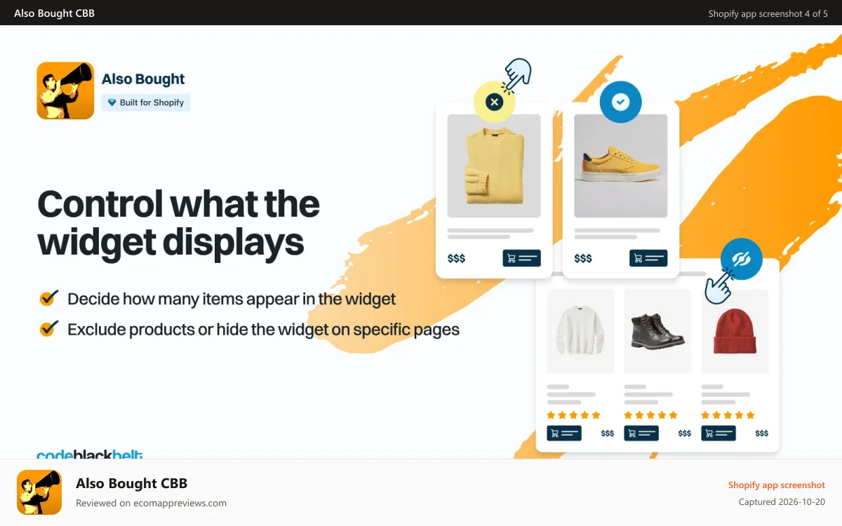 Also Bought CBB Shopify app screenshot: Control what the widget displays