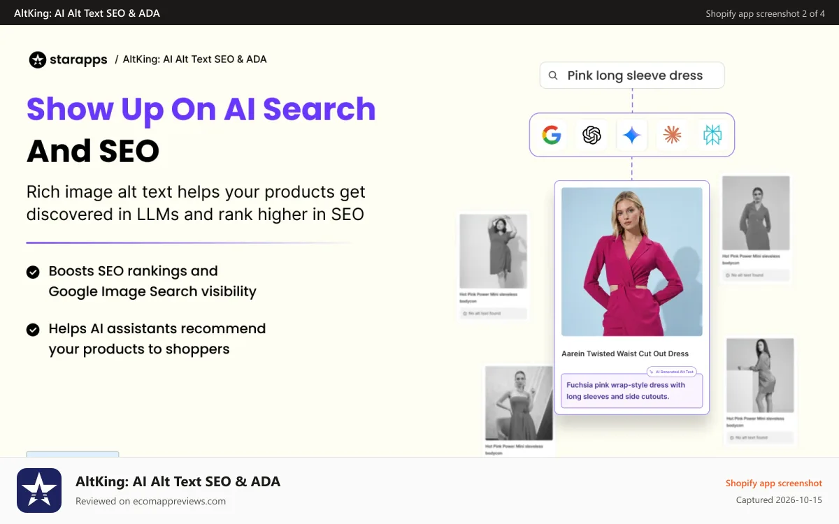 AltKing: AI Alt Text SEO & ADA Shopify app screenshot: AI-generated alt text for every Shopify product image