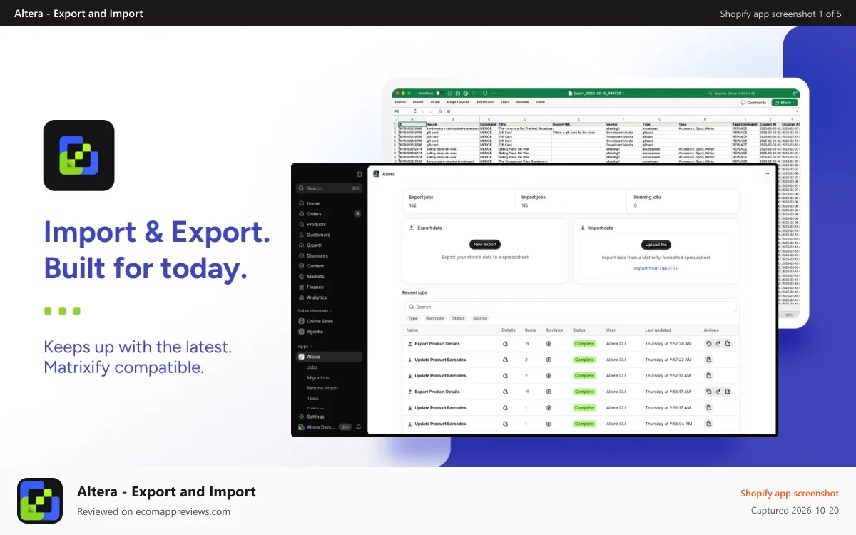 Altera ‑ Export and Import Shopify app screenshot: Export and Import your Shopify data with Spreadsheets