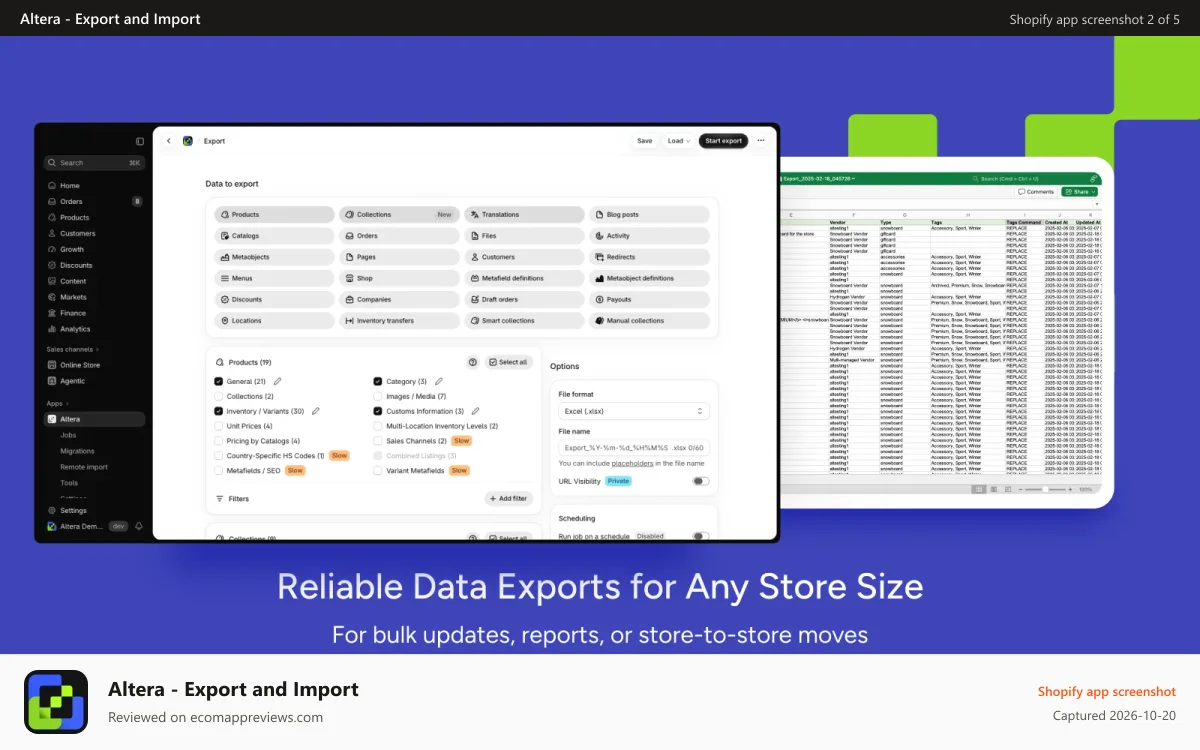 Altera ‑ Export and Import Shopify app screenshot: Bulk export Shopify products, orders, and metafields to Excel.