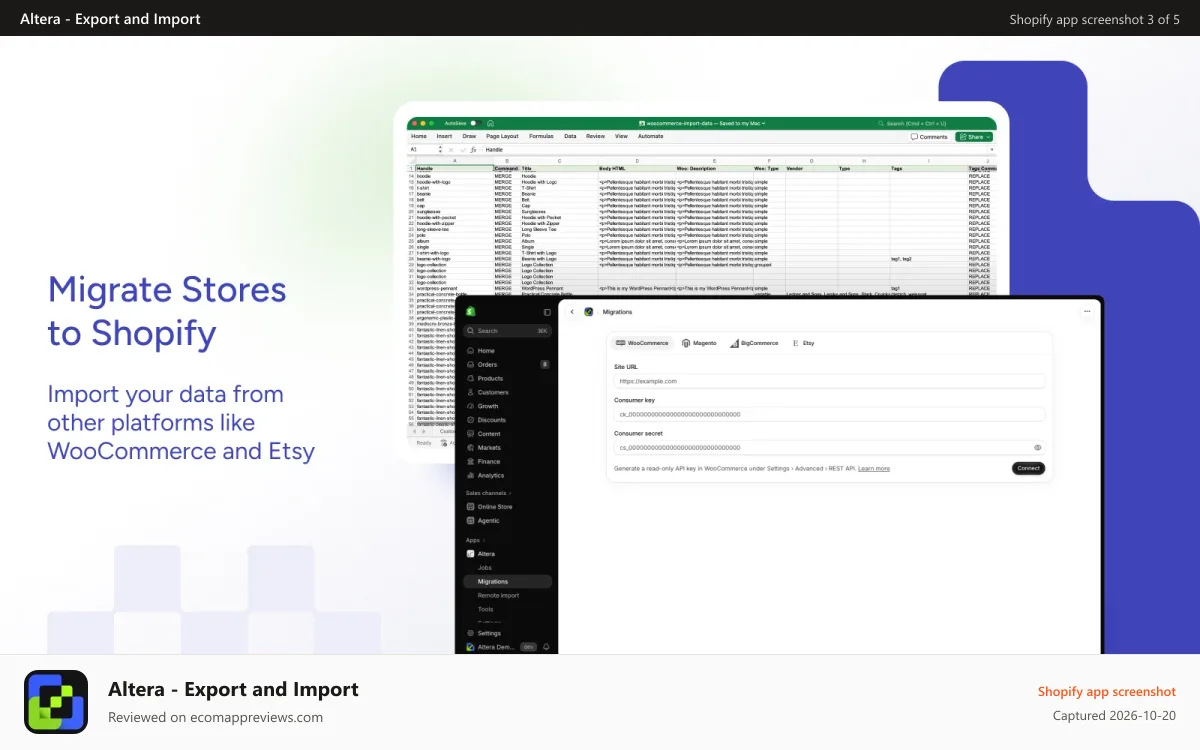 Altera ‑ Export and Import Shopify app screenshot: Migrate from platforms like WooCommerce and Etsy