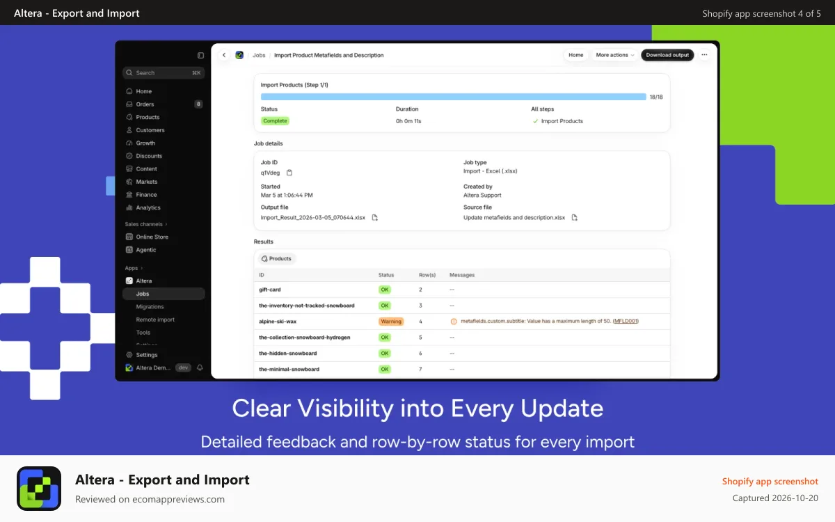 Altera ‑ Export and Import Shopify app screenshot: Import Shopify data with validation and row-level feedback.