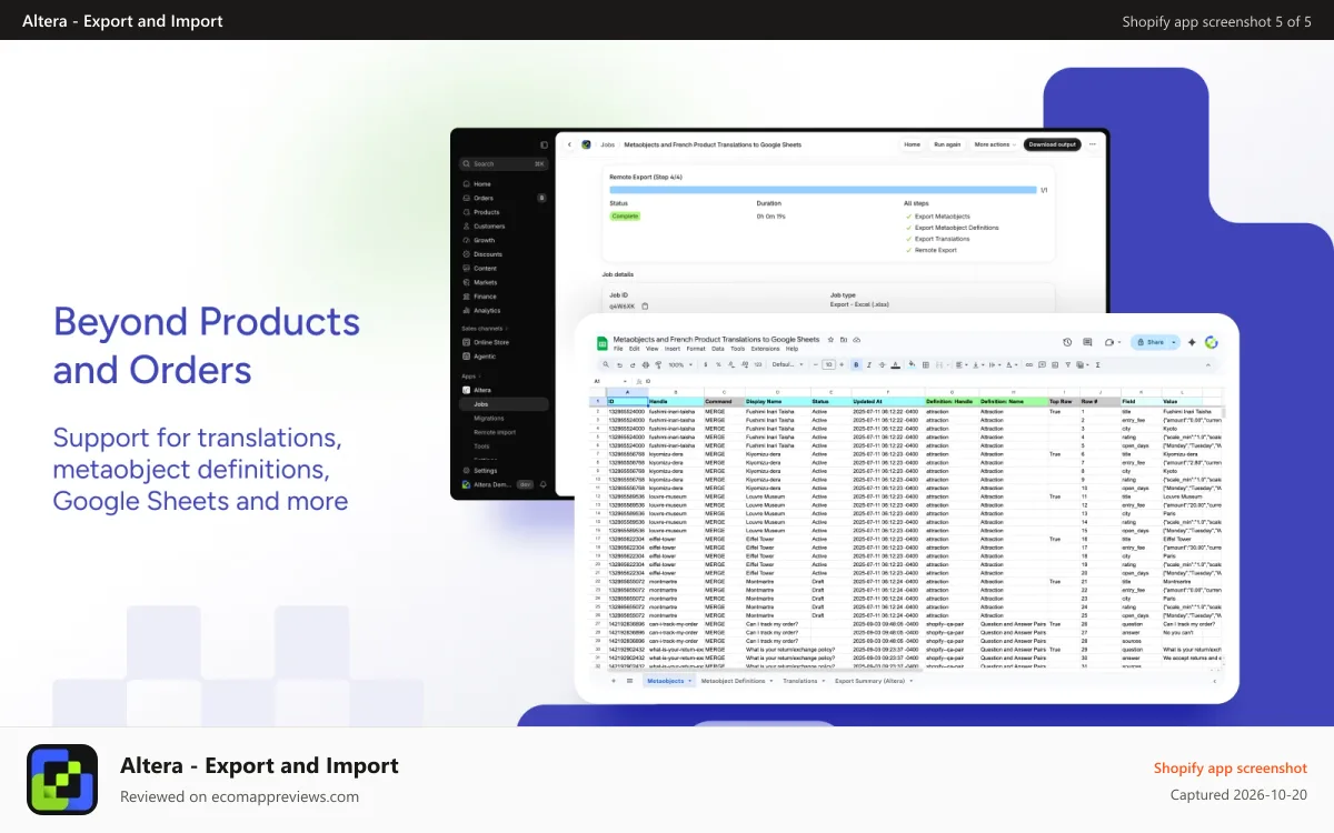 Altera ‑ Export and Import Shopify app screenshot: Support for metaobjects, translations, and Google Sheets sync.