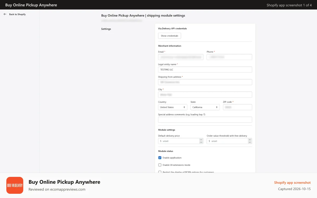 Buy Online Pickup Anywhere Shopify app screenshot: Application settings