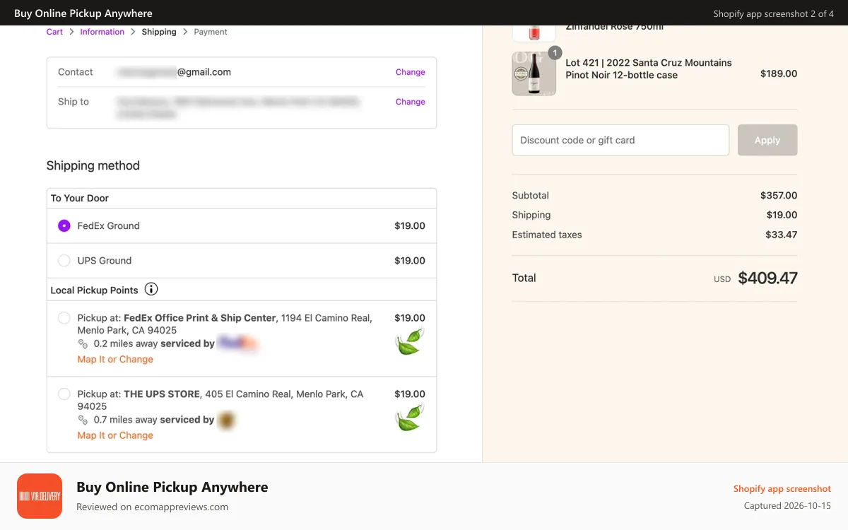 Buy Online Pickup Anywhere Shopify app screenshot: Application delivery methods