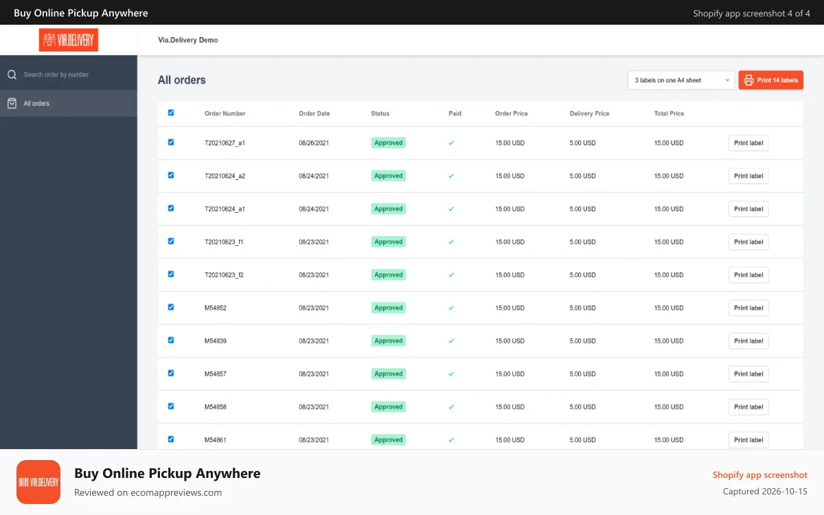 Buy Online Pickup Anywhere Shopify app screenshot: Print labels app