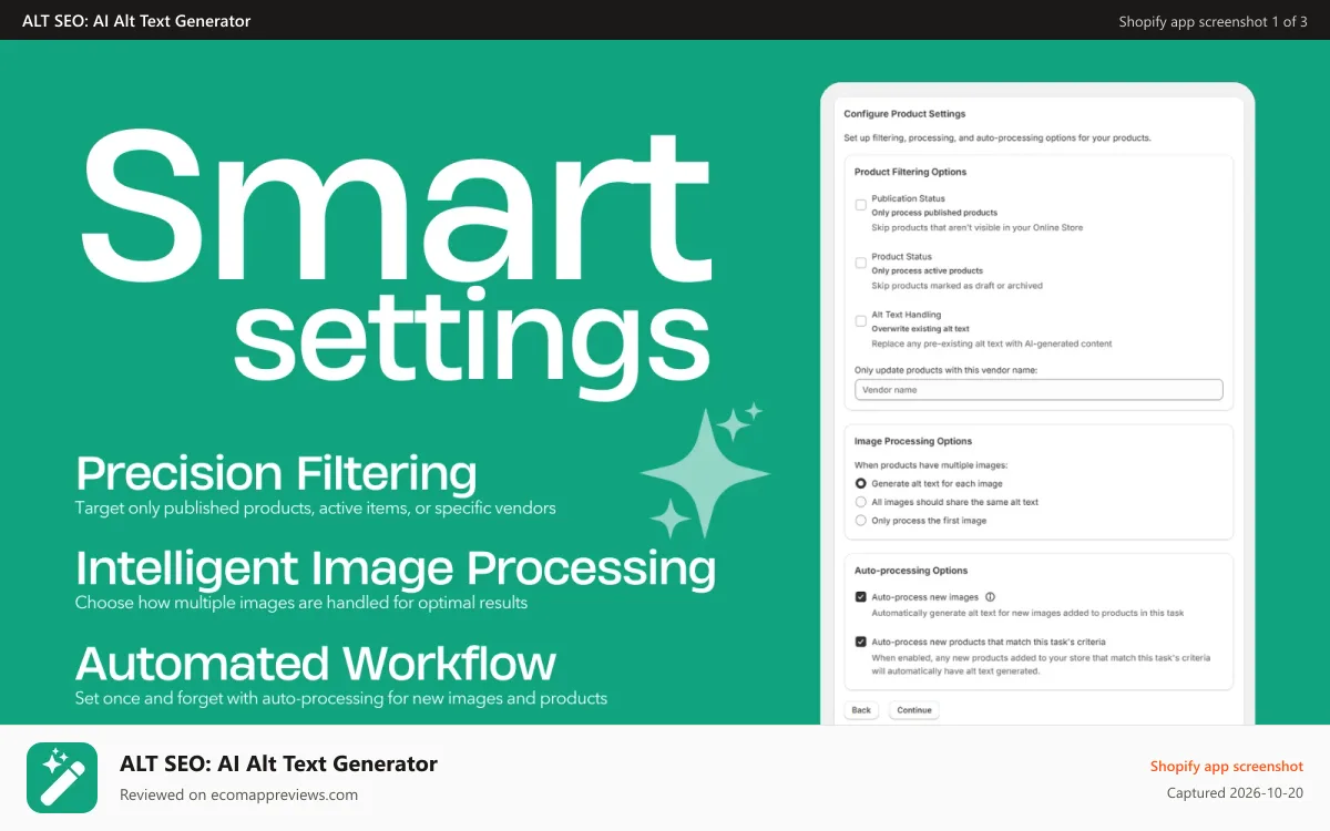 ALT SEO: AI Alt Text Generator Shopify app screenshot: ALT SEO AI Alt Text Generator - Smart Settings