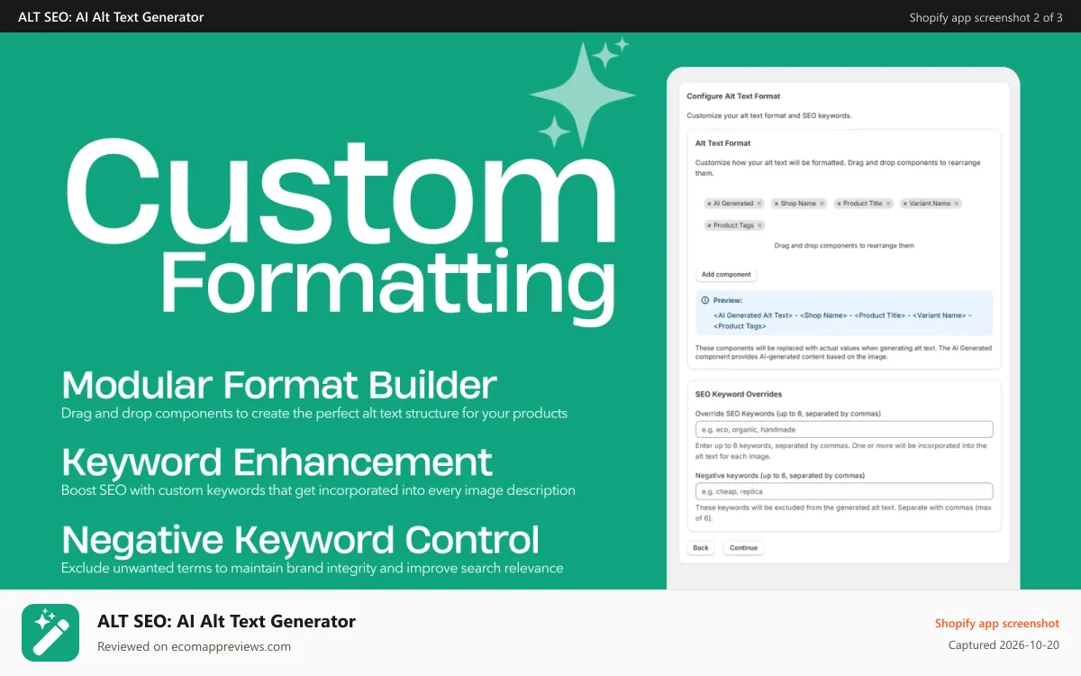 ALT SEO: AI Alt Text Generator Shopify app screenshot: ALT SEO AI Alt Text Generator - Custom Formating