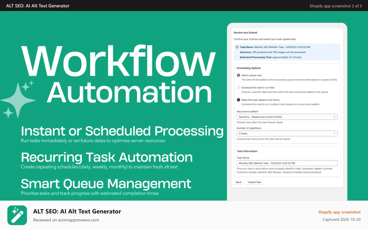 ALT SEO: AI Alt Text Generator Shopify app screenshot: ALT SEO AI Alt Text Generator - Workflow Automation