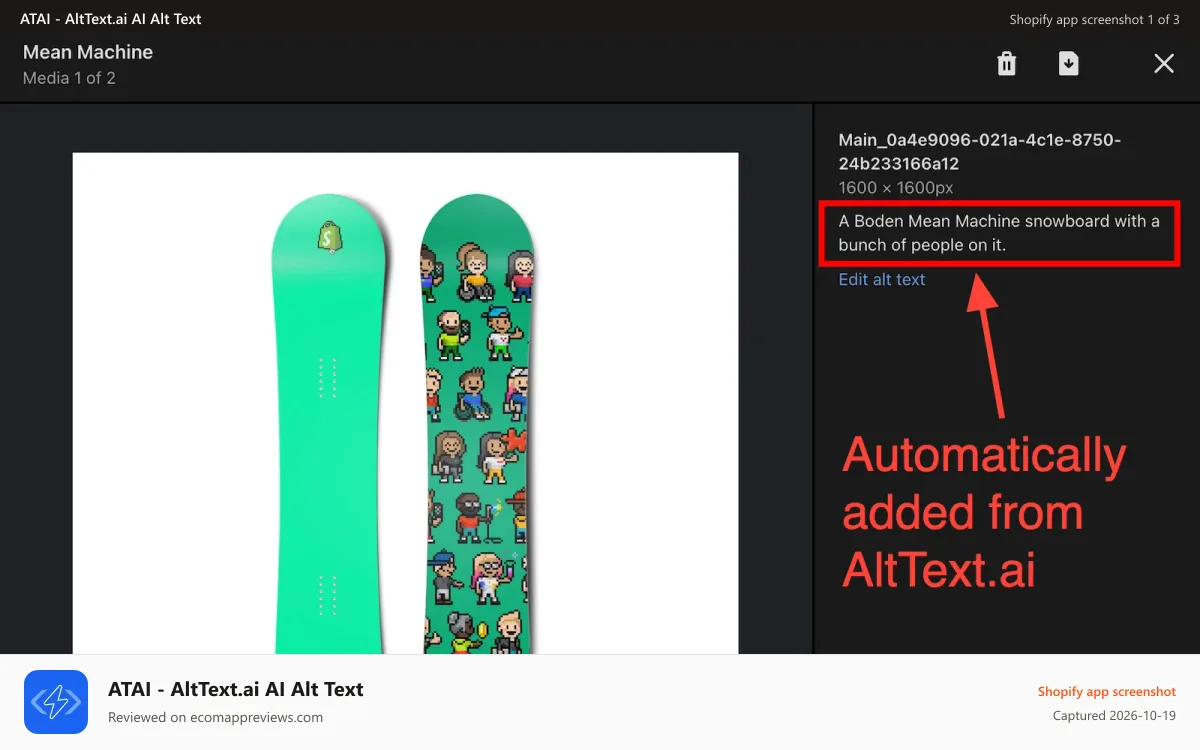 ATAI ‑ AltText.ai AI Alt Text Shopify app screenshot: AltText.ai automatically added alt text to a product image.