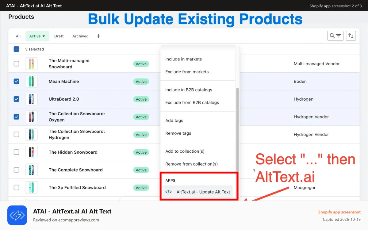 ATAI ‑ AltText.ai AI Alt Text Shopify app screenshot: Bulk update existing products.
