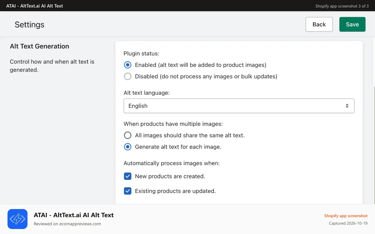 ATAI ‑ AltText.ai AI Alt Text Shopify app screenshot: Settings page to control alt text generation.