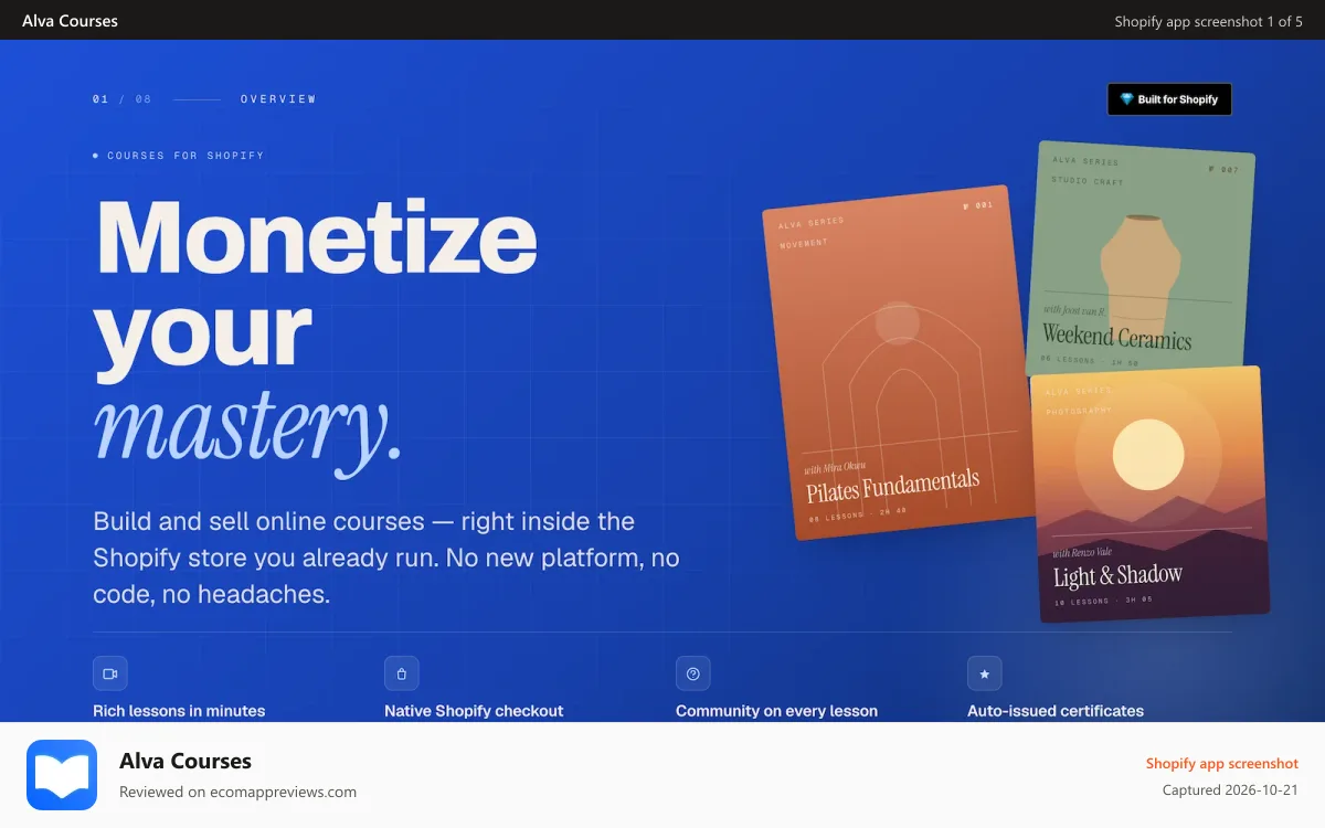 Alva Courses Shopify app screenshot: Turn your knowledge into a digital business