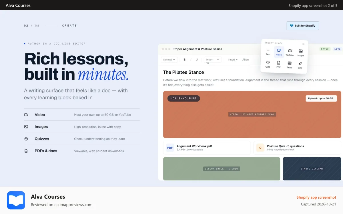 Alva Courses Shopify app screenshot: Powerful Features to Transform Your Store into a Learning