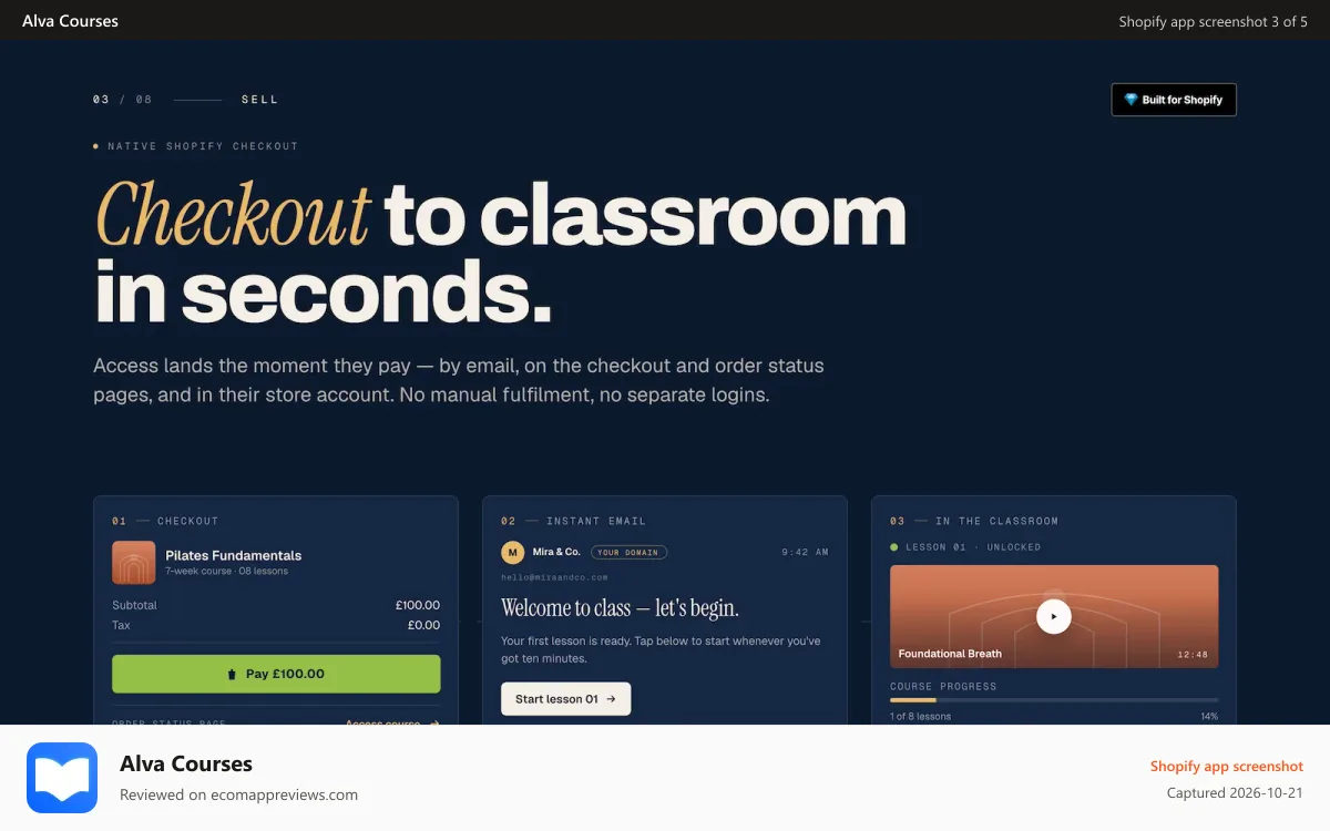 Alva Courses Shopify app screenshot: Create Professional Courses with our Lesson Editor