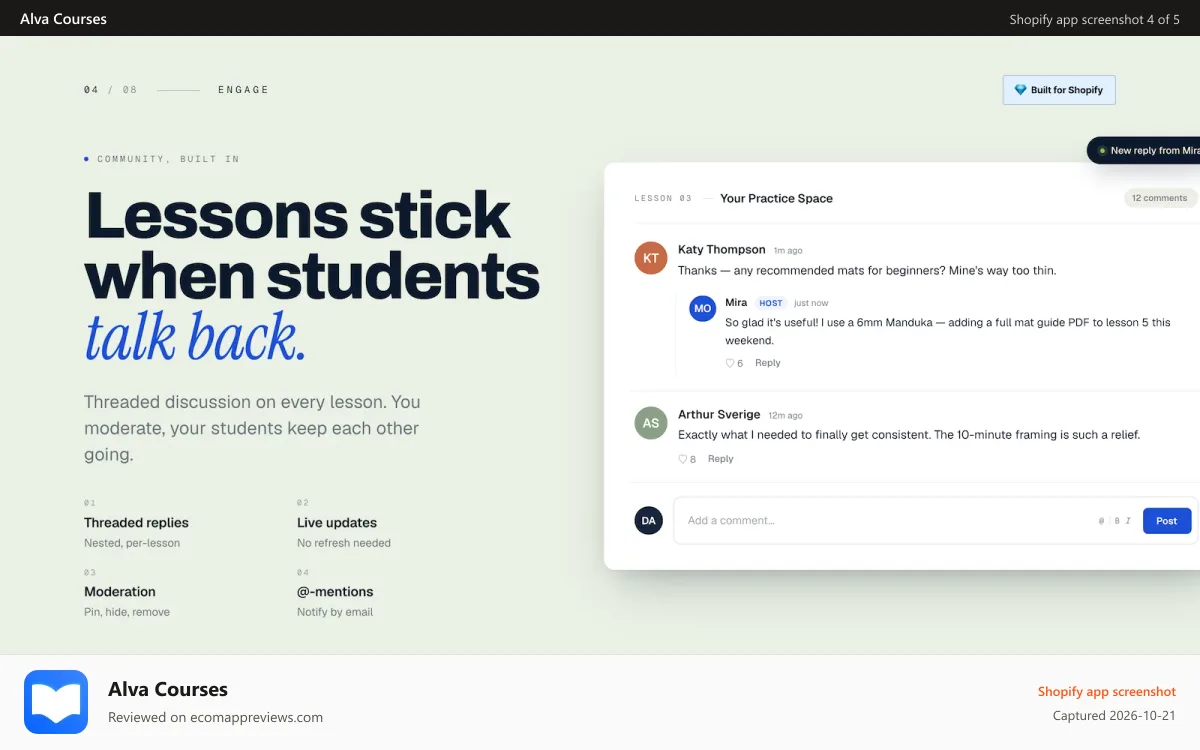 Alva Courses Shopify app screenshot: Build a Thriving Learning Community with Integrated Comments