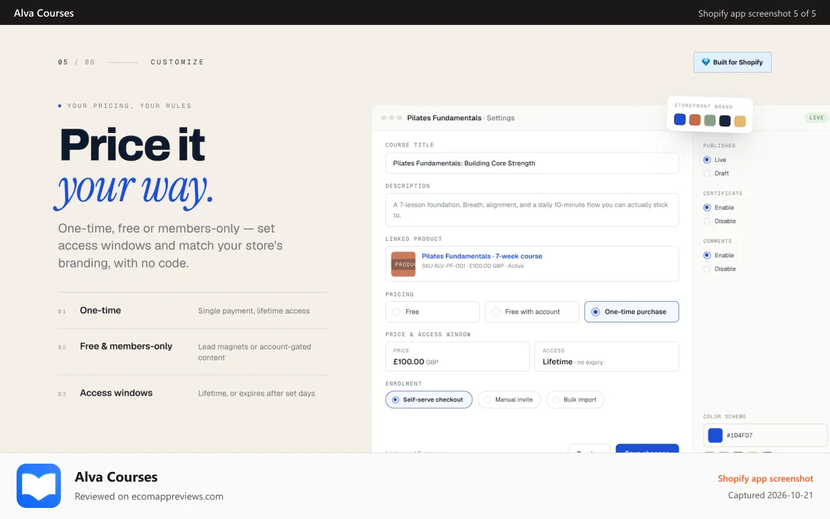 Alva Courses Shopify app screenshot: Track Student Progress and Optimize Your Courses Effortlessly