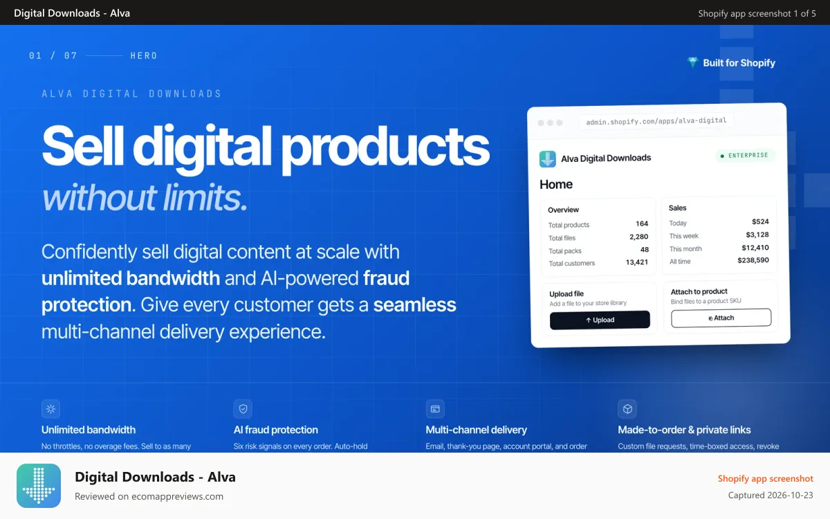 Digital Downloads ‑ Alva Shopify app screenshot: Sell digital downloads like ebooks PDFs music and software