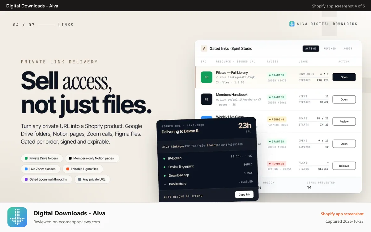 Digital Downloads ‑ Alva Shopify app screenshot: Personalised digital products and license keys for each order