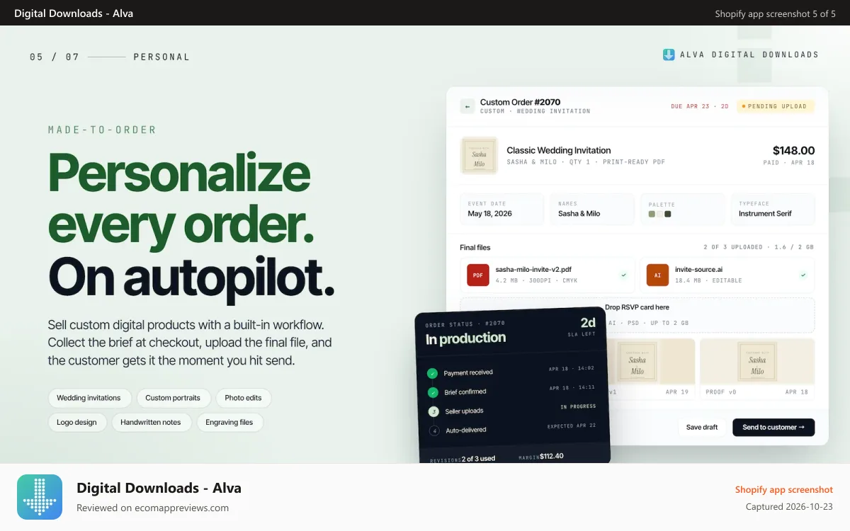 Digital Downloads ‑ Alva Shopify app screenshot: Customise branded download emails with templates and own domain