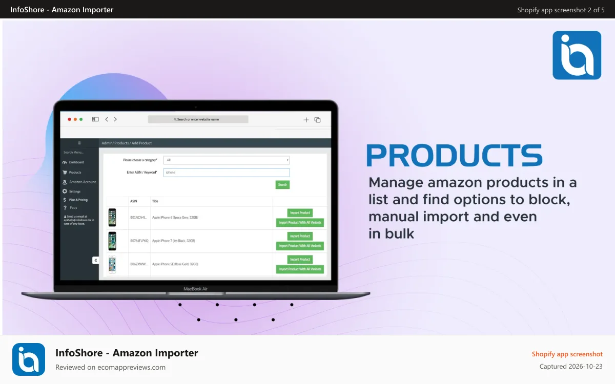 InfoShore ‑ Amazon Importer Shopify app screenshot: Access Options to Import Products